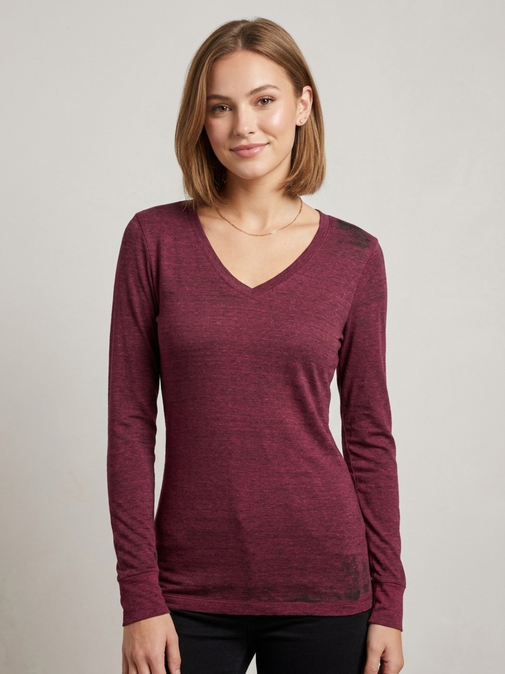 BKE Marled V-Neck Long Sleeve Top in Burgundy